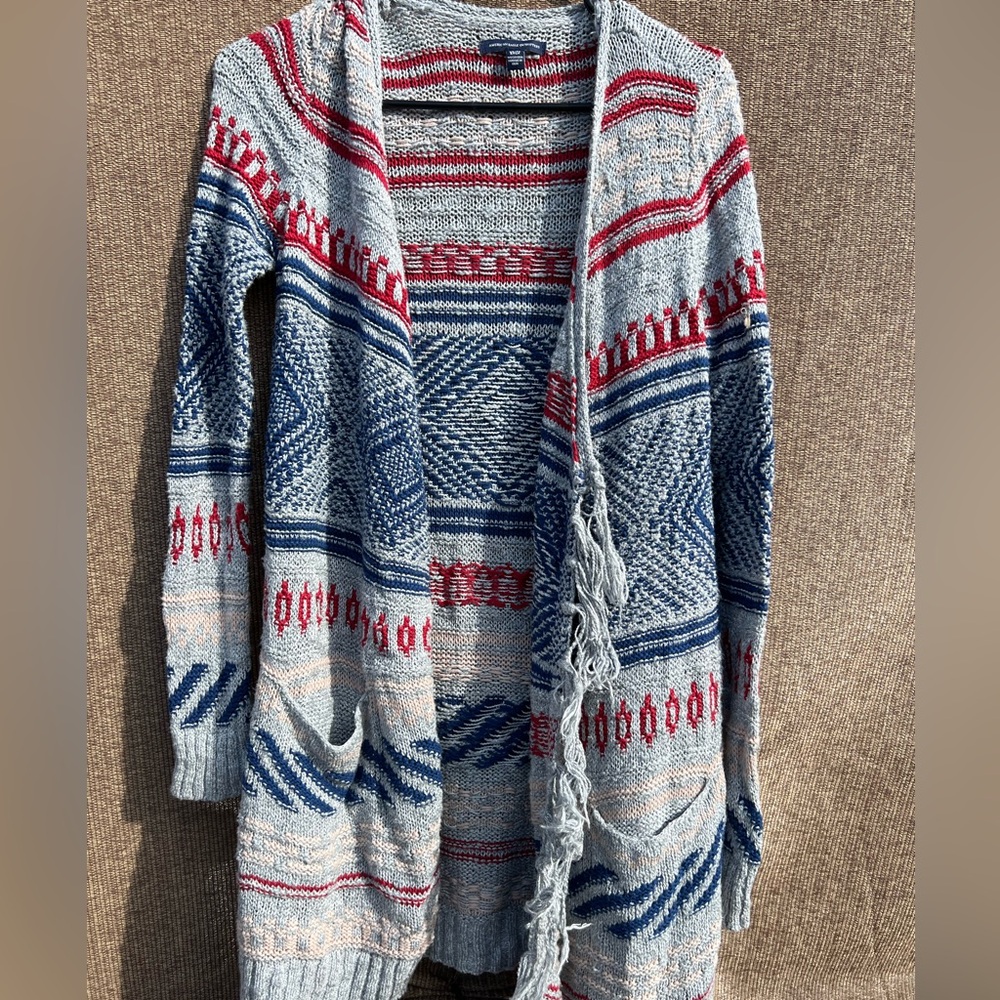 American Eagle Outfitters Sweater Cardigan Gray Knit Fringe Long Sz XS Pockets